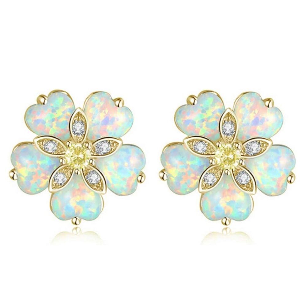 14K Yellow Gold with White Fire Opals and Yellow Citrine Flower Stud Earrings